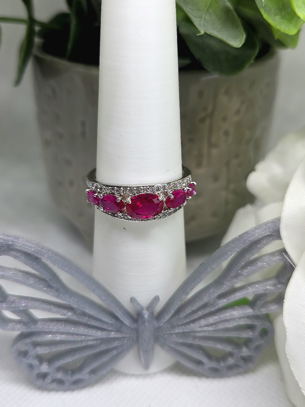 BP Silver Band Ring with Bright Pink Oval Cz's